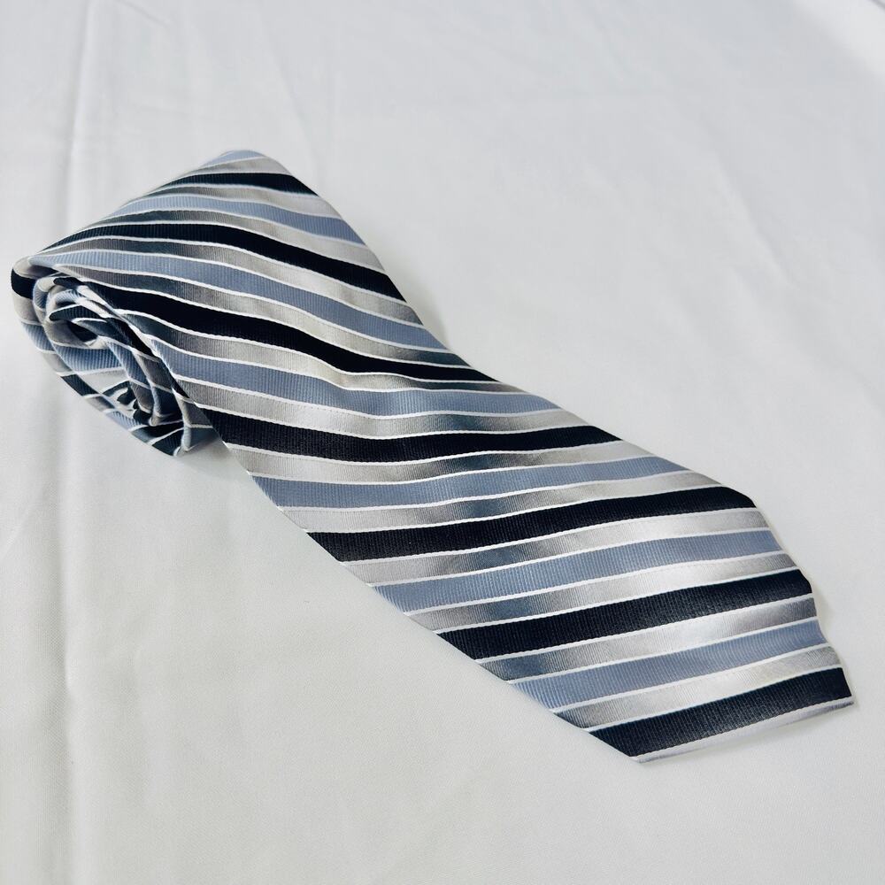 Pavone Men's‎ Silk Striped Necktie Tan, Gray, Black Striped - Made in Italy